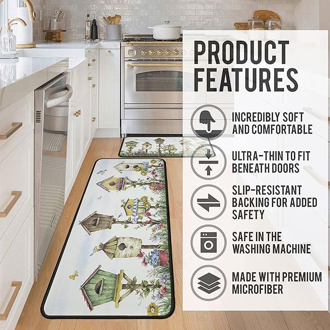 Birds Kitchen Rugs 2 Piece Set for Floor Mat, Rug With Birds Non Skid Washable Absorbent Microfiber Birds Kitchen Mat for in Front of Sink for Standing for Home Birds Kitchen Decor 17"X30"+17"X47"