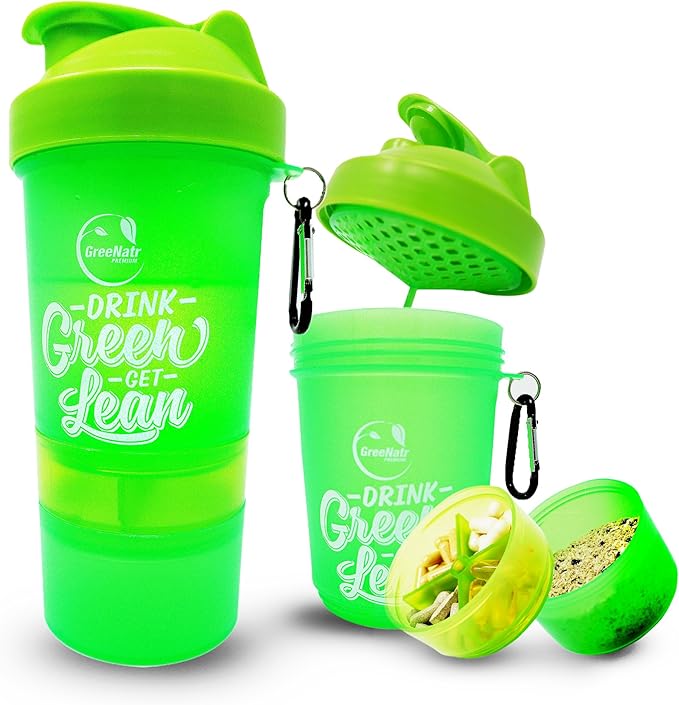 GreeNatr Shaker Bottle with Stackable Compartments - 22 Ounce Bottle + Pill Organizer + 2 Storage Compartments