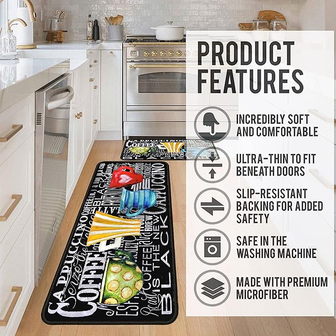 Coffee Kitchen Rugs 2 Piece Set for Floor Mat, Non Skid Washable Absorbent Microfiber Coffee Kitchen Mat for in Front of Sink for Standing for Home Coffe Kitchen Decor 17"X30"+17"X47"