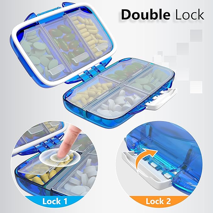 Travel Pill Organizer - Moisture Proof Portable Vitamin Holder with 7 Compartments, Compact Supplement Case for Purse Essential Medicine Kit fot Traveling Pocket Pharmacy with Labels, Blue