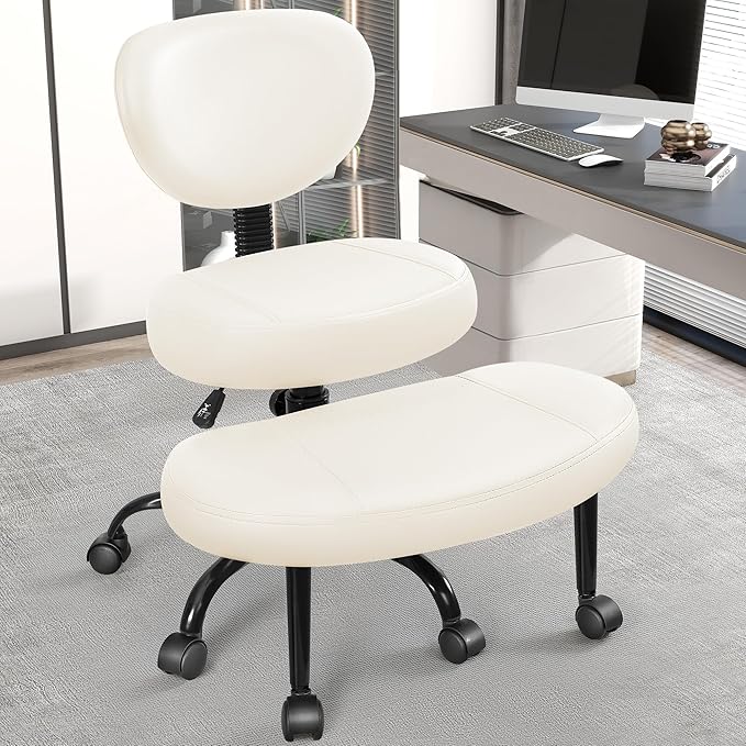 Primy Criss Cross Office Chair - ADHD Cross Legged Chair with Wheels - Adjustable Height Ergonomic Kneeling Desk Chairs for Meditation Yoga Home Office with Backrest, 360°Rotating Footrest -White