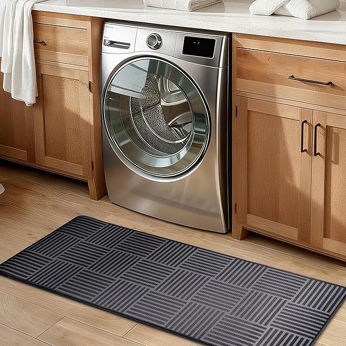 Kitchen Mats For Floor 2 Piece Cushioned Anti Fatigue Kitchen Plaid Rugs Set Non Slip Waterproof Comfort Foam Standing For Laundry,Desk,Office,Bathroom,Apartment Decor,17.3"X29"+17.3"X47",Black