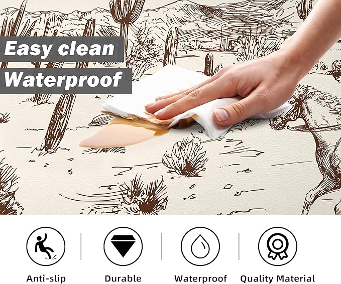 Western Kitchen Mat Rugs Set of 2 Aztec Anti Fatigue Non-Slip Kitchen mats for Floor Western Country Cactus Theme PVC Comfort Mat Floor Rugs Decor Office Front Door Sink 17.3x28+17.3X 47 inches