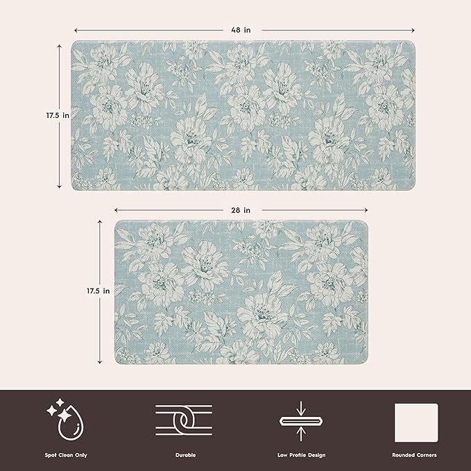 Laura Ashley - Anti-Fatigue Kitchen Mat, Iris Floral Design, Stain, Water & Fade Resistant, Cooking & Standing Relief, Non-Slip Backing, 2 Piece Set, Light Blue