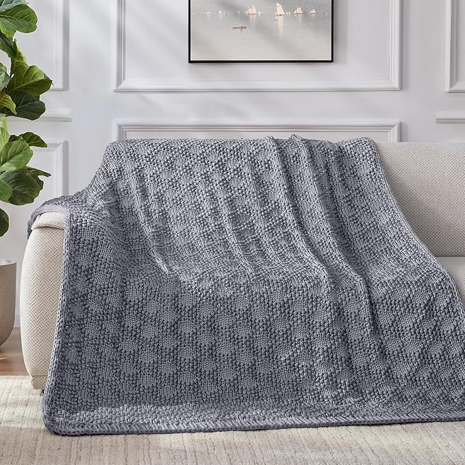 Knitted Weighted Blanket for Adult, Chunky Knit Weighted Throw for Sleep 50"*60" 5lbs, Cooling Breathable Heavy Blanket for Hot Sleepers, Machine Washable Blanket for Room Decor(Light Grey)