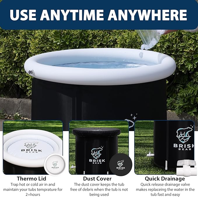 Ice Bath Tub for Athletes with Cover by Brisk Bear - Extra Large Cold Plunge Tub for Recovery - Inflatable Ice Bath Plunge Pool with Digital Timer - Cold Plunge to Soothe Muscles - Black Ice Tub
