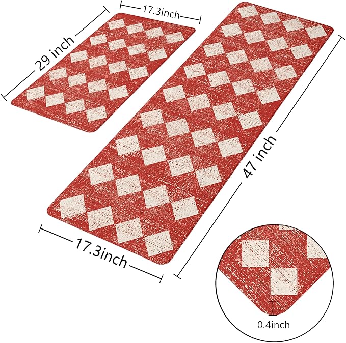 Moroccan Trellis Red Checkered Kitchen Rug Sets [2 PCs], Anti-Fatigue, Waterproof Non-Slip Kitchen Mats Heavy Duty Ergonomic Comfort Foam Rug for Floor, Home, Laundry,17"x29"+17"x47"