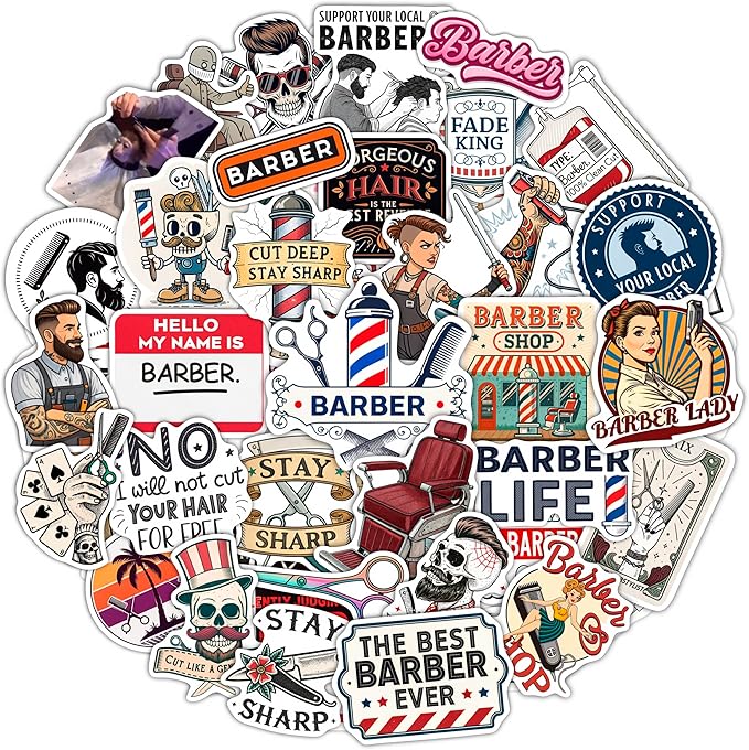 100Pcs Barber Stickers and Decals for Water Bottle, Laptop - Barbershop Stickers - Barber Gifts for Men, Party Supplies - Gift for Women & Men