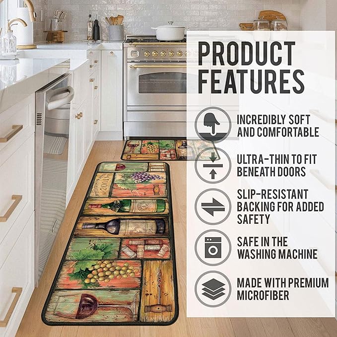 Wine Kitchen Rugs 2 Piece Set for Floor Mat, Non Skid Washable Absorbent Microfiber Wine Kitchen Mat for in Front of Sink for Standing for Home Wine Kitchen Decor 17"X30"+17"X47"