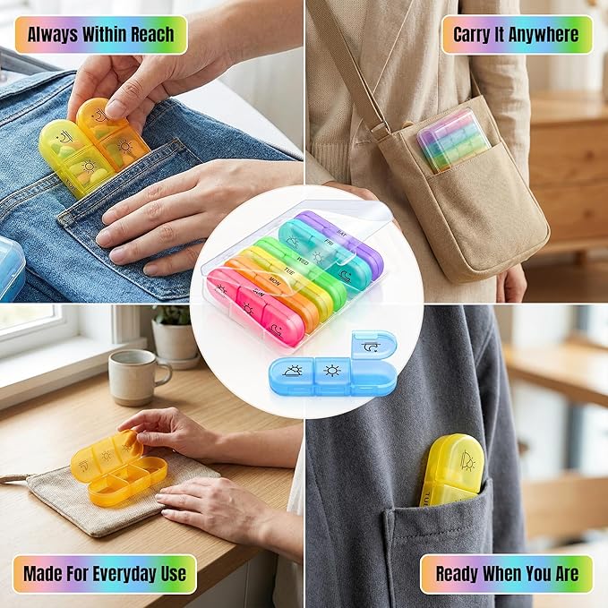 Weekly 3 Times a Day Pill Organizer - Large 7 Day Medicine Planner with Separate Daily Containers, Clear Storage Case, Easy Open Lids, Travel Pill Box for Vitamins, Supplements & Medication, Rainbow