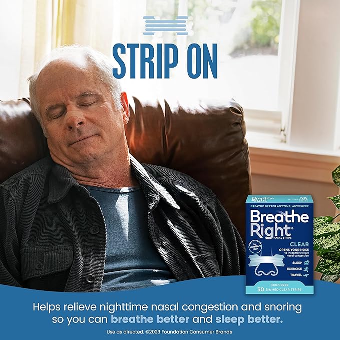 Breathe Right Original Nasal Strips Clear Sm/Med For Sensitive SkinDrug-Free Snoring Solution & Nasal Congestion Relief Caused by Colds & Allergies 30 ct (Packaging May Vary)