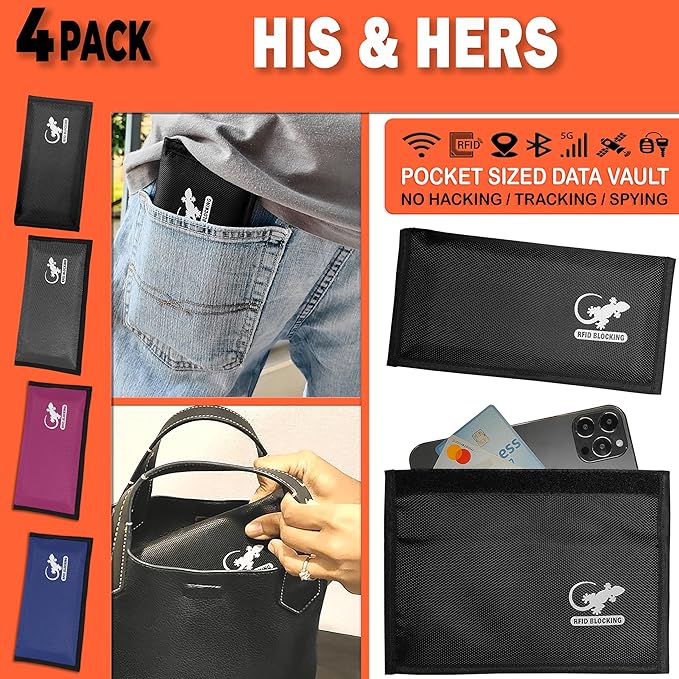 4 Faraday Bag Anti-Tracking GPS RFID Car Key Signal Blocker Wallet Shielding Pouch Protective Case for Cell Phone Car Key FOB, Data Privacy, Electronic Device Security (4 PACK - FAMILY PACK)