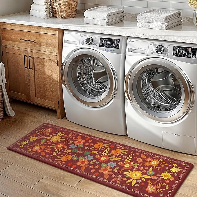 GENIMO Kitchen Mats for Floor 2PCS, Cushioned Kitchen Rugs Non Slip Washable, Farmhouse Anti Fatigue Mat Waterproof, Comfort Standing Mat Rug for Office, Home, Laundry, 17.3"x59"+17.3"x30", Red