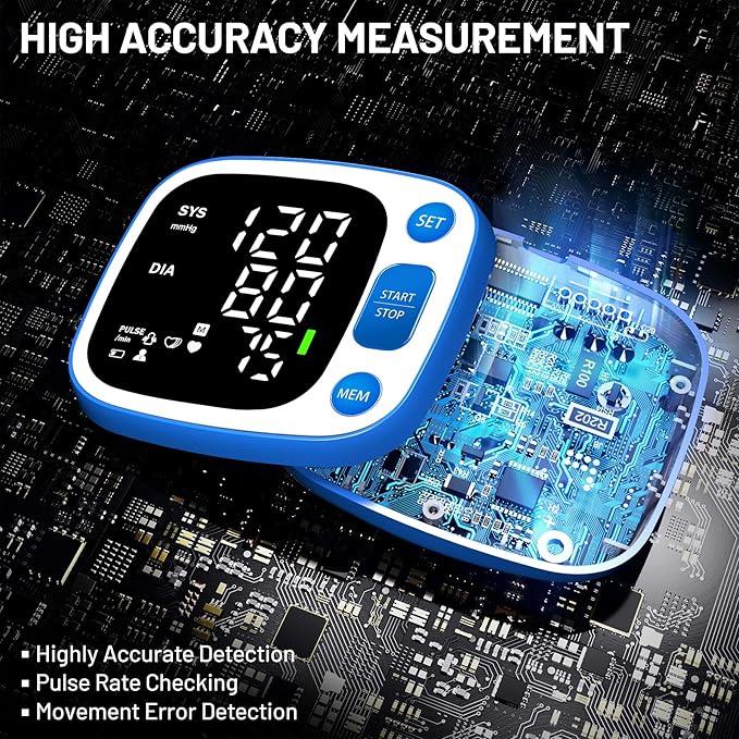 Oklar Blood Pressure Monitors for Home Use Rechargeable Wrist Digital BP Machine Cuff with LED Backlit Display, Voice Broadcast, 240 Memory Storage for 2 Users with Carrying Case, Blue