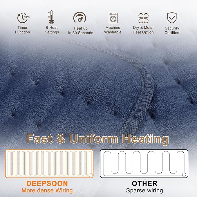 Deepsoon Heating Pad,Electric Heating Pads for Back,Neck,Moist Heating Pad for Shoulder,Knee,Arms,Legs,Dry/Moist Heat & Auto Shut Off,Birthday Gifts for Men and Women
