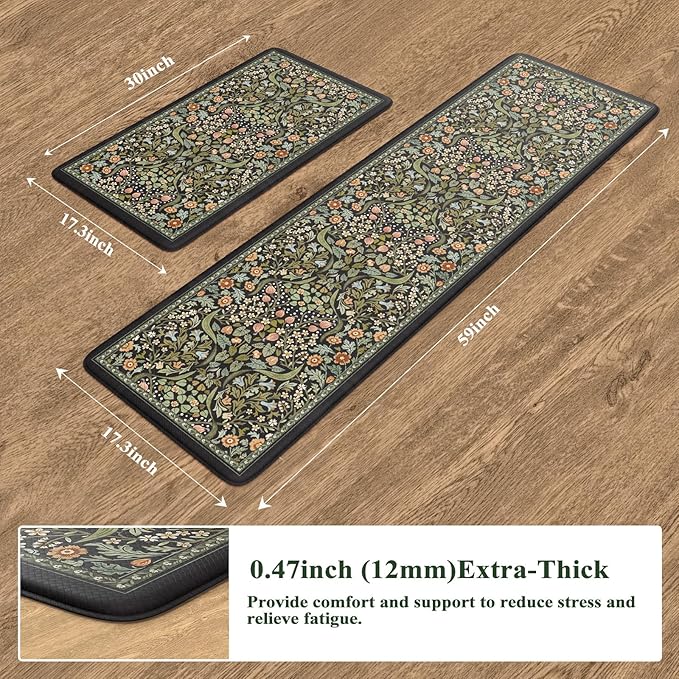 Collive Anti Fatigue Mats for Kitchen Floor, Cushioned Comfort Kitchen Rugs Sets of 2 Waterproof Non Skid Padded Sink Rugs, Boho Floral Rug Black Standing Mat for Office, Laundry