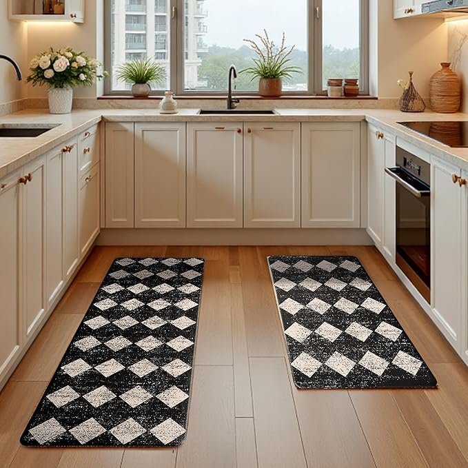 Black Beige Moroccan Trellis Checkered Kitchen Rug Sets [2 PCs], Anti-Fatigue, Waterproof Non-Slip Kitchen Mats Heavy Duty Ergonomic Comfort Foam Rug for Floor, Home, Laundry,17"x29"+17"x47"