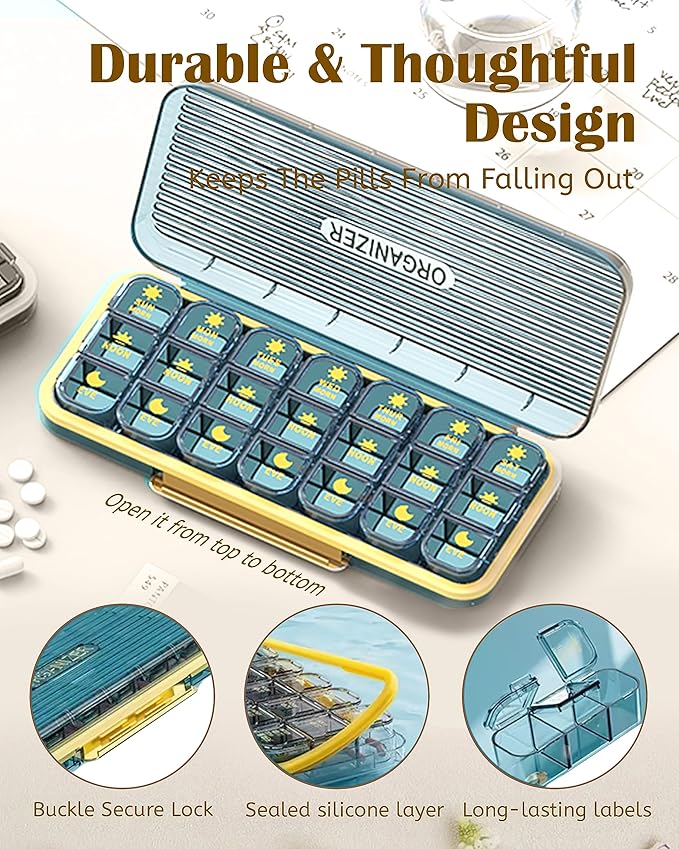 Weekly Pill Organizer 3 Times A Day, AM PM Organizer 7 Day Pill Box with Separate Compartment, Large Medicine Organizer Box, Travel Pill Cases Portable for Pills Vitamin Fish Oil Supplements (Blue)…