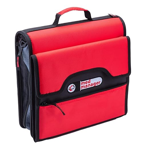 Med Manager Medicine Organizer and Portable Medical Binder, Holds (15) Pill Bottles - (11) Standard Size and (4) Large Bottles, Includes Removable 5-Tab File Folder, Red, 14 x 14 x 4 inches