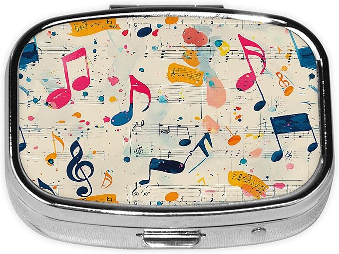Pill Box-2 Compartment Small Pill Case Square Organizer Case with Mirror Portable Metal Medicine Box Travel Container for Pocket & Purse Women Men(Vintage Music Notes)