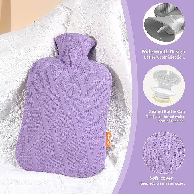 samply Hot Water Bottle with Cover, 2L Hot Water Bag for Hot and Cold Compress, Hand Feet Warmer, Neck and Shoulder Pain Relief, Light Purple