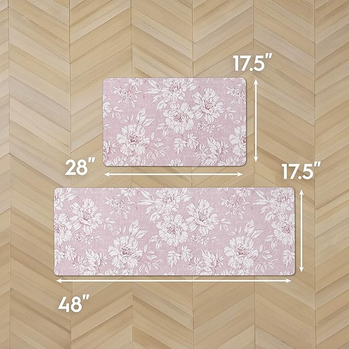Laura Ashley - Anti-Fatigue Kitchen Mat, Iris Floral Design, Stain, Water & Fade Resistant, Cooking & Standing Relief, Non-Slip Backing, 2 Piece Set, Soft Pink Iris
