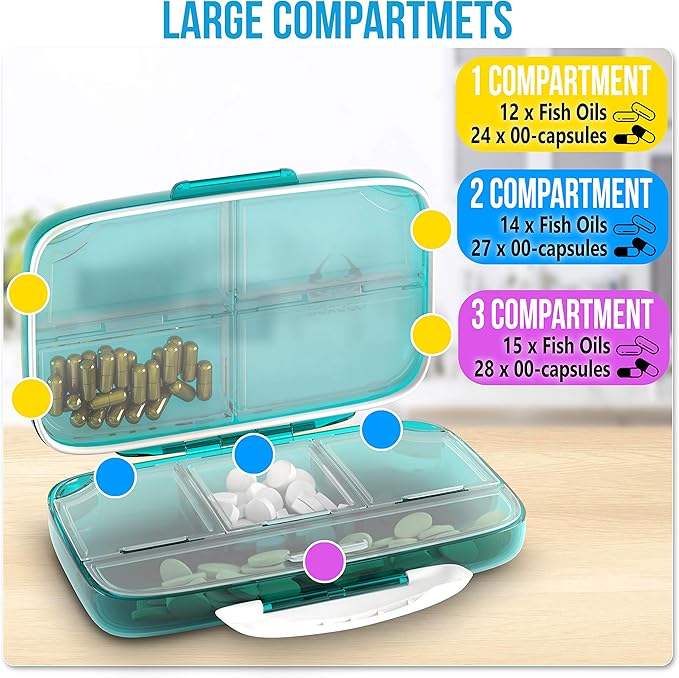 Pill Organizer Airtight Pill Box Large Pill Dispenser Home Travel Supplement Holder Portable Vitamin Sorter Jumbo Size 8 Compartment Airtight Vitamin Container Daily Medicine Travel Essentials