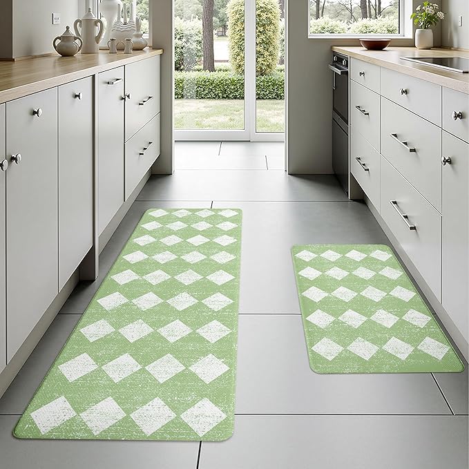 Moroccan Trellis Fresh Green Checkered Kitchen Rug Sets [2 PCs], Anti-Fatigue, Waterproof Non-Slip Kitchen Mats Heavy Duty Ergonomic Comfort Foam Rug for Floor, Home, Laundry,17"x29"+17"x47"