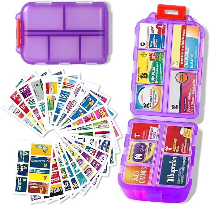 Large Pill Organizer with Medicine Labels - 7 Day Travel Daily Container, Mini Medication Storage Case (Purple, 161 Labels)