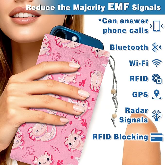 EMF Shield Sleeve for Cell Phone Reduce Signal Anti-EMP Pouch Against Radiation, EMF, 5G, RFID Blocking 4x8 Inch Cute Axolotl Phone Sleeve Bags