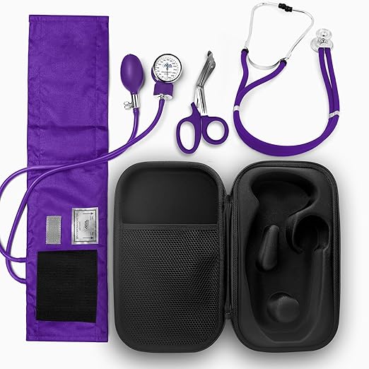 ASA TECHMED Medical Starter Kit – Stethoscope, Durable Blood Pressure Monitor, EMT Shears & Protective Carrying Case – Ideal for Healthcare Students & Professionals, Purple