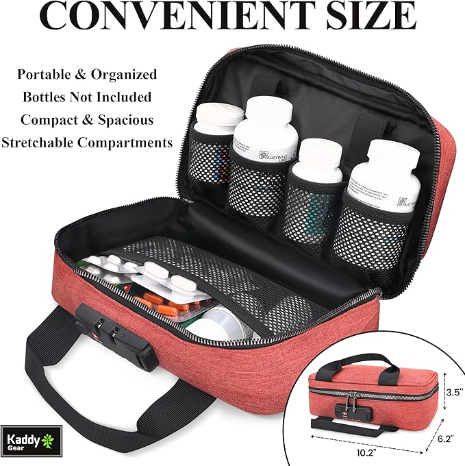Kaddy Secure Pill Organizer Box, Storage for Bottles of Medicine or Supplements; Toiletry; Travel or Home, TSA Approved Lock (Red)