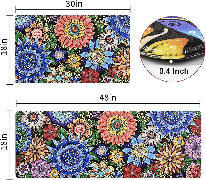 Likiyol Boho Kitchen Rugs, Boho Floral Anti Fatigue Kitchen Mat for Floor, Bohemian Flowers Non Slip Washable Kitchen Floor Mats, Comfort Standing Mat, 18''x30''+18''x48''