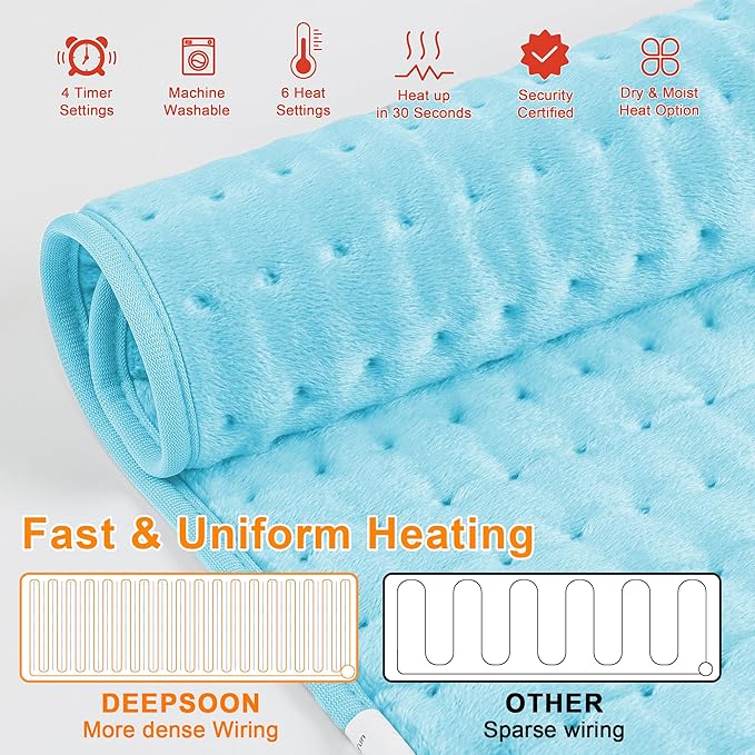 Deepsoon Heating Pad,Electric Heating Pads for Back,Neck,Abdomen,Moist Heating Pad for Shoulder,Knee,Arms,Legs,Dry/Moist Heat & Auto Shut Off,Christmas Gifts for Men and Women,Light Blue,24x12 Inch