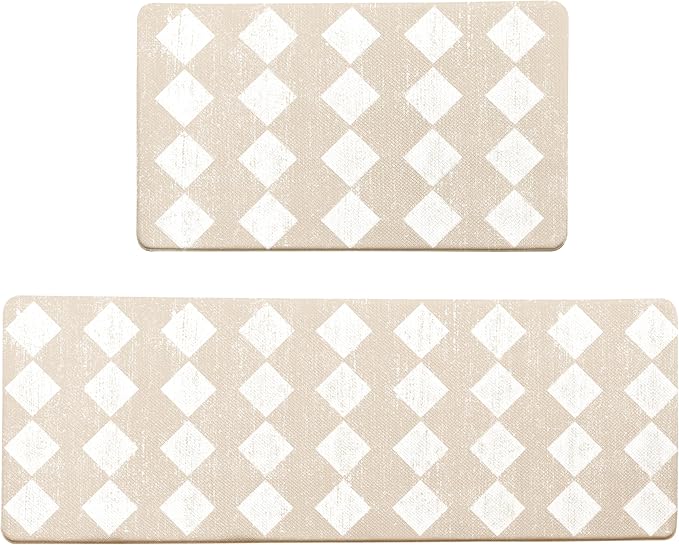 Moroccan Trellis Cream Checkered Kitchen Rug Sets [2 PCs], Anti-Fatigue, Waterproof Non-Slip Kitchen Mats Heavy Duty Ergonomic Comfort Foam Rug for Floor, Home, Laundry,17"x29"+17"x47"