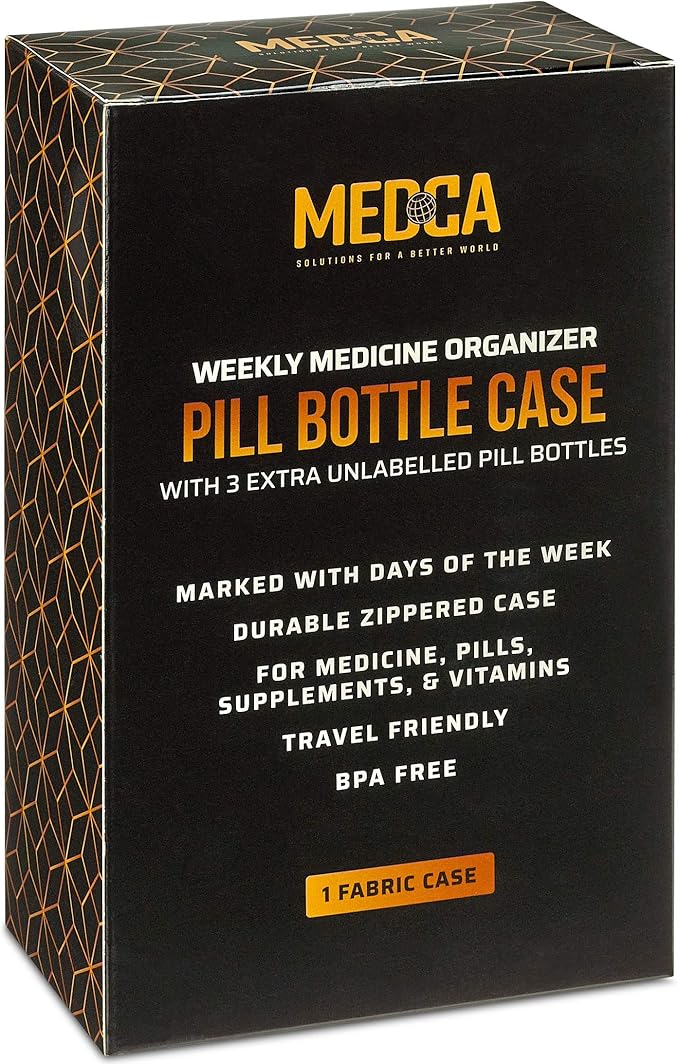 Pill Case and Pills Bottle Organizer - Weekly and Daily Medicine Container Carrier Tote Bag for Weekly Pill Bottles with 3 Extra Daily Bottles