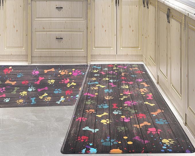 Farmhouse Kitchen Mats Cushioned Anti Fatigue Mats for Kitchen Floor Waterproof Kitchen Mats and Rugs Ergonomic Comfort Standing Mat for Kitchen, Laundry Room, Colorful Dog Paw and Bone(Chocolate)