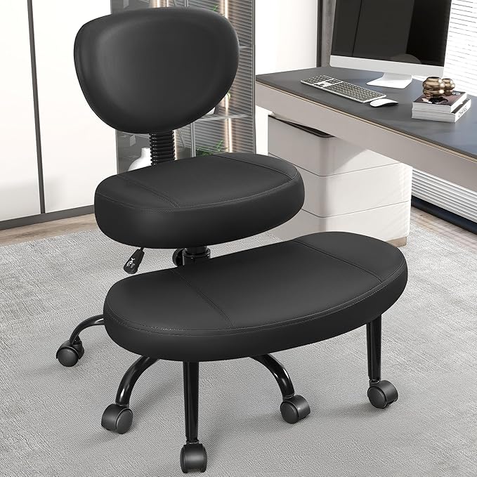 Primy Criss Cross Office Chair - ADHD Cross Legged Chair with Wheels - Adjustable Height Ergonomic Kneeling Desk Chairs for Meditation Yoga Home Office with Backrest, 360°Rotating Footrest - Black