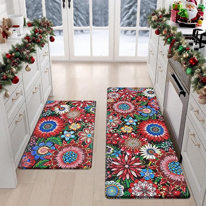 Likiyol Boho Kitchen Rugs Floral Kitchen Mats for Floor Bohemian Cushioned Anti Fatigue Mats for Kitchen Floor Non Slip Washable Kitchen Mat for Home, Sink, 18''x30''+18''x48'', Red