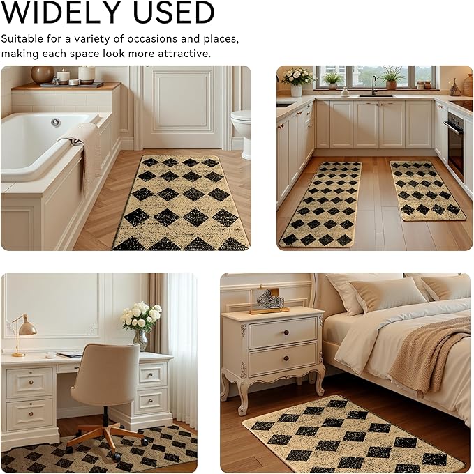 Brown Black Moroccan Trellis Checkered Kitchen Rug Sets [2 PCs], Anti-Fatigue, Waterproof Non-Slip Kitchen Mats Heavy Duty Ergonomic Comfort Foam Rug for Floor, Home, Laundry,17"x29"+17"x47"