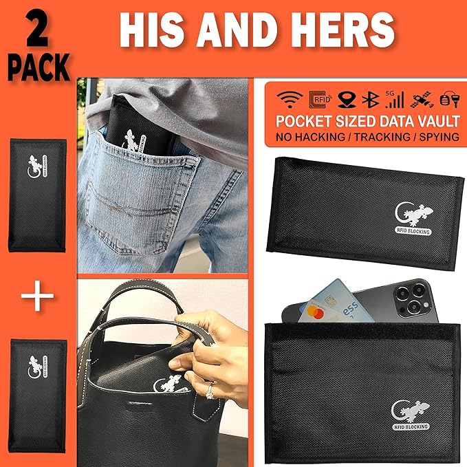 Faraday Bag Anti-Tracking GPS RFID Car Key Signal Blocker Wallet Shielding Pouch Protective Case for Cell Phone Car Key FOB, Data Privacy, Electronic Device Security (2 Pack - Pocket Black)