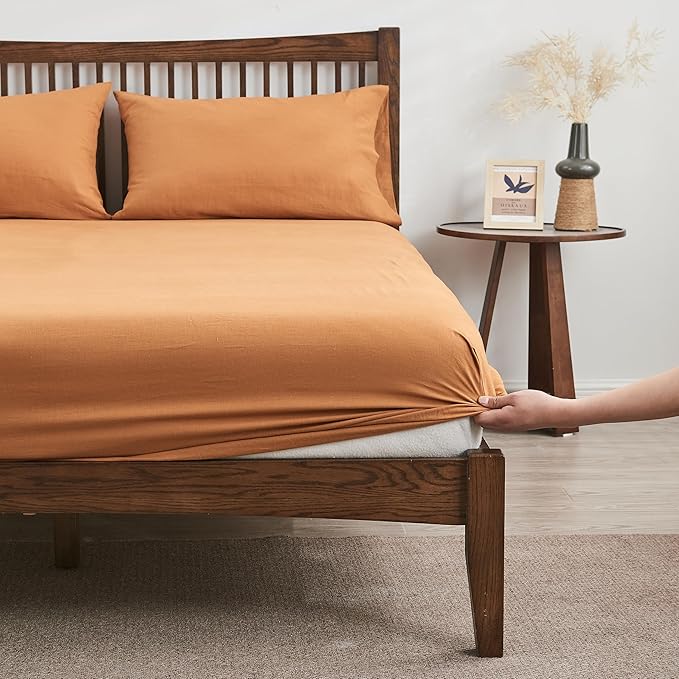 Simple&Opulence Belgian Linen Sheet Set Solid Color - 4 Pieces (1 Flat Sheet, 1 Fitted Sheet & 2 Pillowcases) Natural Flax Cotton Blend Soft Breathable Farmhouse Bedding - Queen Size, Rust
