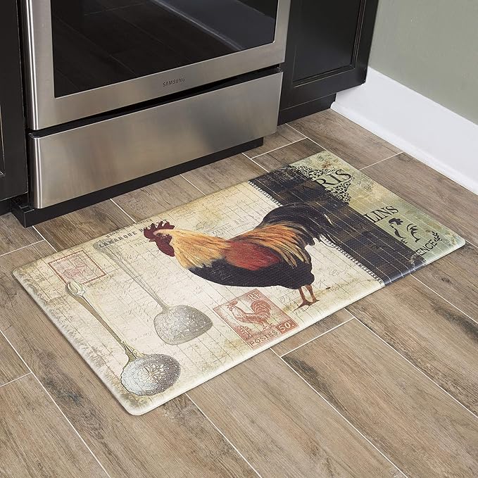 J&V TEXTILES Anti Fatigue Kitchen Mat for Floor, Embossed Themed Cushioned Kitchen Runner Rug Mat, Non Slip, Easy Wipe Clean, 1/2 Inch Thick (20x39 inches, Paris Rooster)