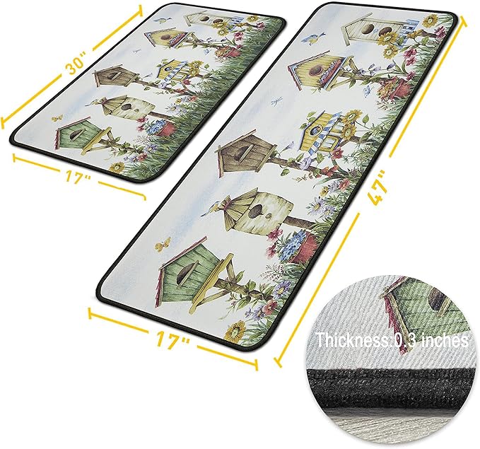 Birds Kitchen Rugs 2 Piece Set for Floor Mat, Rug With Birds Non Skid Washable Absorbent Microfiber Birds Kitchen Mat for in Front of Sink for Standing for Home Birds Kitchen Decor 17"X30"+17"X47"