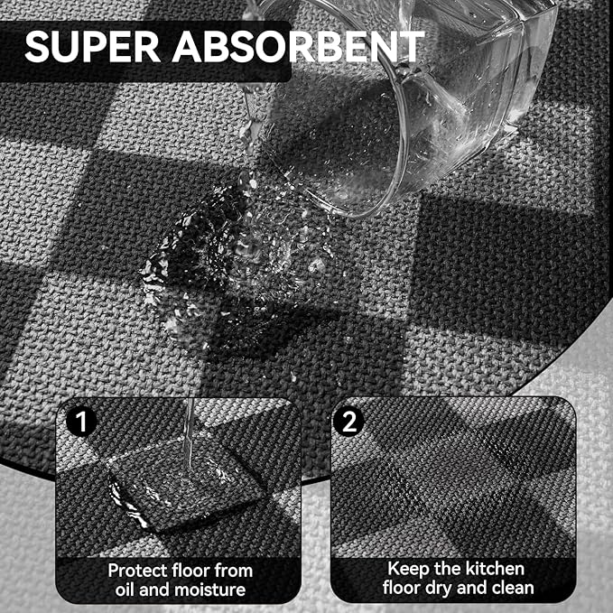 Kitchen Mats for Floor, Super Absorbent Kitchen Rugs Non Slip Washable, Linen-Look Woven Cushion Runner Rug, Kitchen Sink Mat Standing Mat, Black Gray Checkered 17"x30"