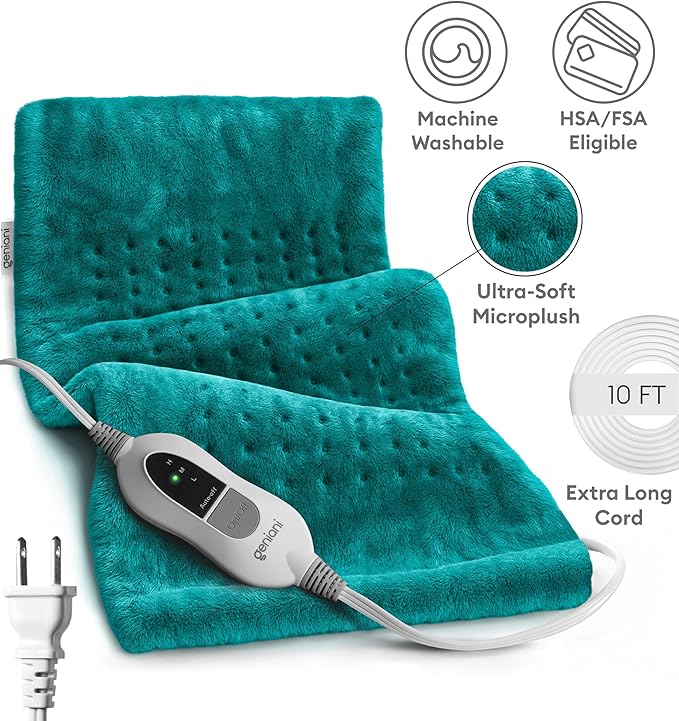 GENIANI Electric Heating Pad for Back Pain & Cramps Relief, Electric Throw, Auto Shut Off, Machine Washable, Moist Heat Pad for Neck & Shoulder, 12x24 Viridian Green