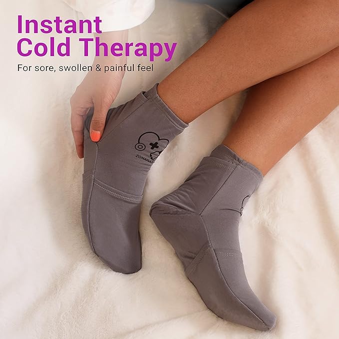 ZOMAPLE Cold Therapy Socks + Gel Packs, Grey, Medium – Soothe Burning Feet & Reduce Swelling – Hot/Cold Use, Touch Fasteners & Comes with 2 Large & 2 Small Gel Packs – Versatile Foot Ice Pack Wrap