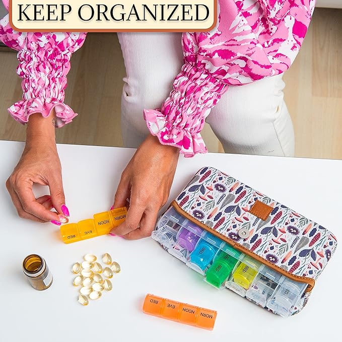 Made Easy Kit Pill Case Large 7-Day / 28 Compartments in Neoprene Carrier with Storage Pill Box in Daily in Morn, NOON, EVE, Bed a Weekly Vitamin, Medicine, Capsule Organization (Brown Woods)