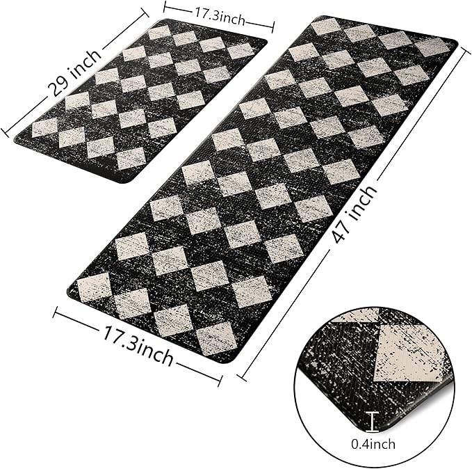 Black Beige Moroccan Trellis Checkered Kitchen Rug Sets [2 PCs], Anti-Fatigue, Waterproof Non-Slip Kitchen Mats Heavy Duty Ergonomic Comfort Foam Rug for Floor, Home, Laundry,17"x29"+17"x47"