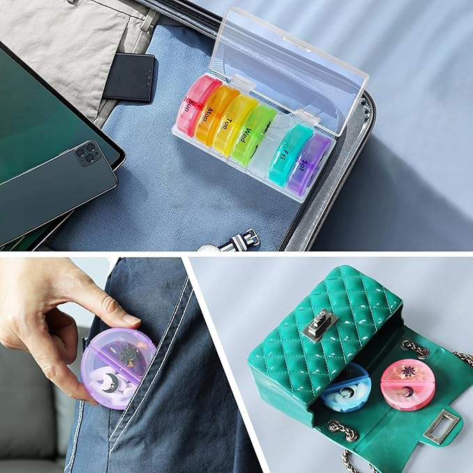 MOLN HYMY Portable Pill Organizer 2 Times a Day, Travel Friendly 7 Day Medicine Pill Box with Large AM PM Compartments for Medications/Vitamins/Fish Oil/Supplements (Rainbow+White Case)